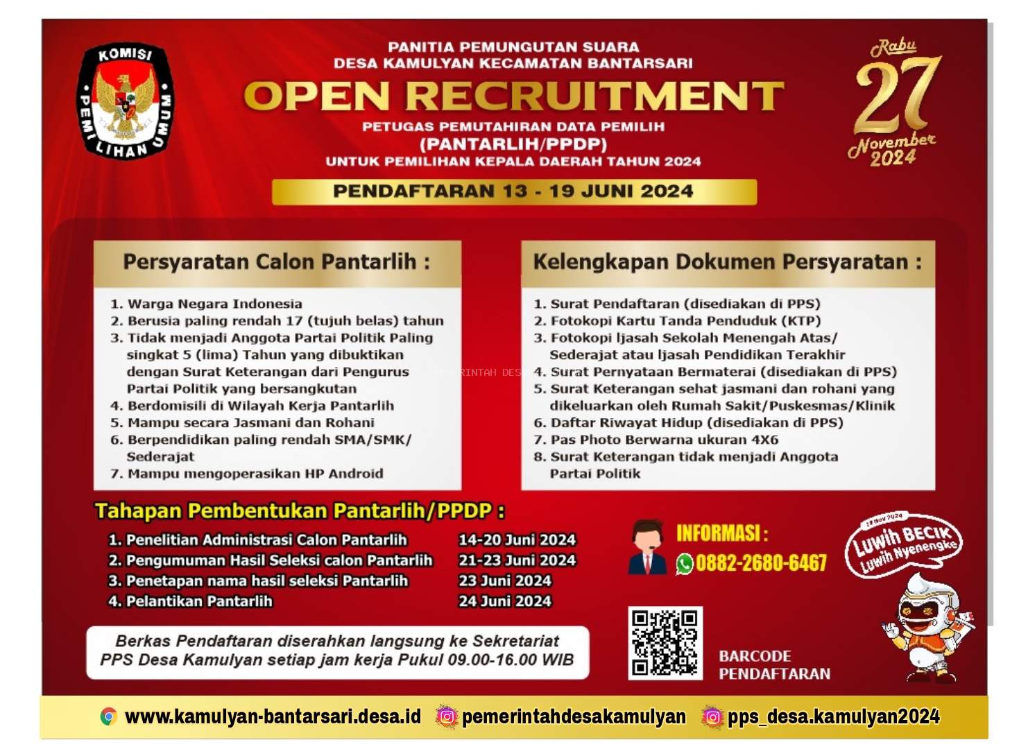 DIBUKA PENDAFTARAN PANTARLIH DESA KAMULYAN UNTUK PILKADA 2024 SIMAK SYARATNYA